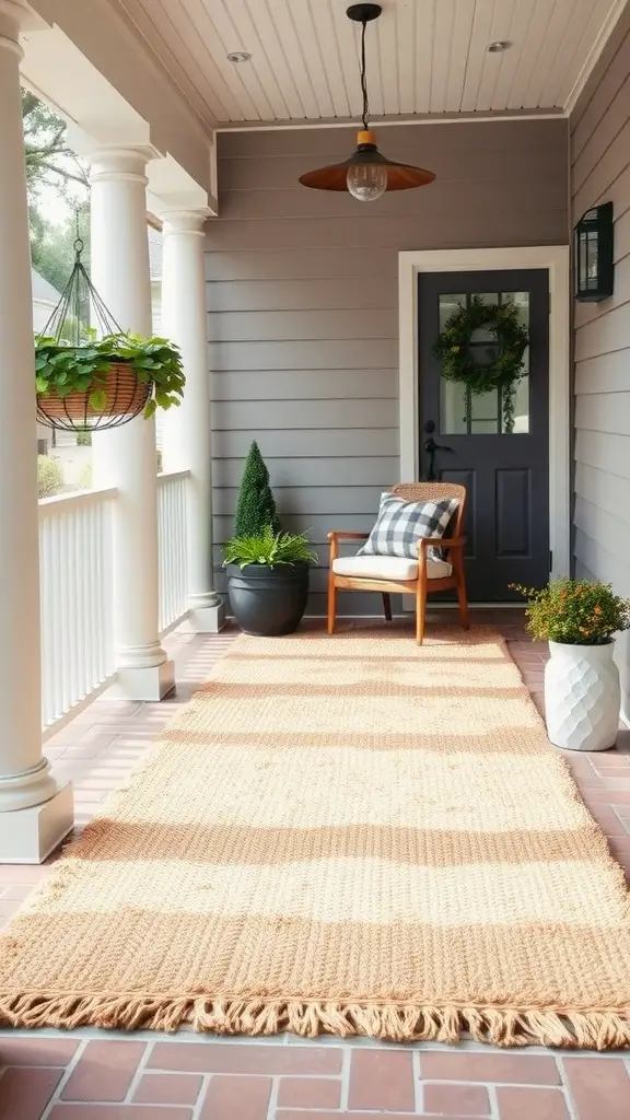 27 Cozy Front Porch Ideas for a Welcoming Home 9 Cozy front porch featuring a textured outdoor rug, potted plants, and a comfortable chair