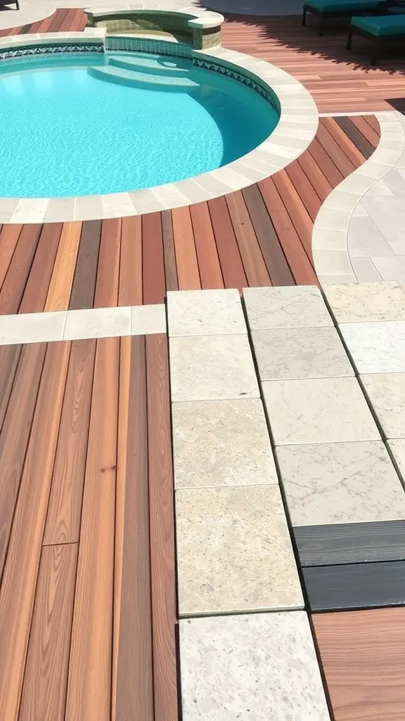 33 Creative Backyard Pool and Patio Ideas for Your Dream Outdoor Space 5 A backyard pool area with a mix of wooden and stone decking surrounding the pool, showcasing stylish design elements.