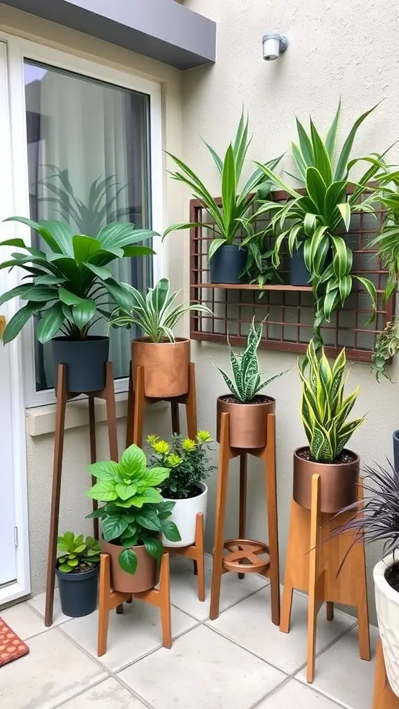 25 Creative Small Patio Ideas for Your Outdoor Space 21 A collection of stylish plant stands displaying various potted plants on a small patio.