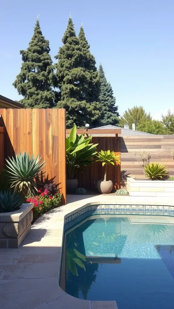33 Creative Backyard Pool and Patio Ideas for Your Dream Outdoor Space 31 A backyard with a pool, wooden privacy screen, and lush greenery.