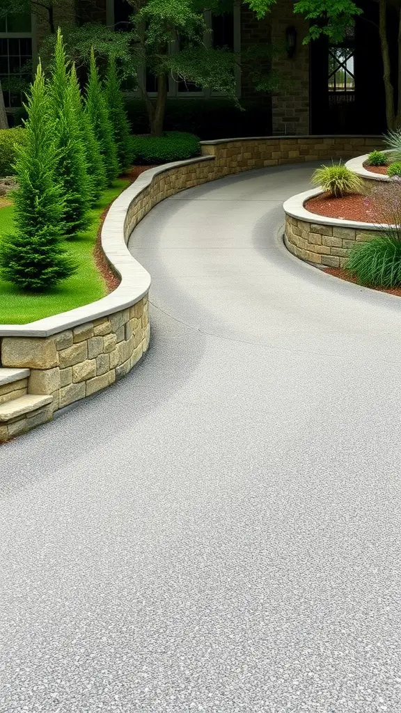 Curved stone retaining wall beside a landscaped driveway