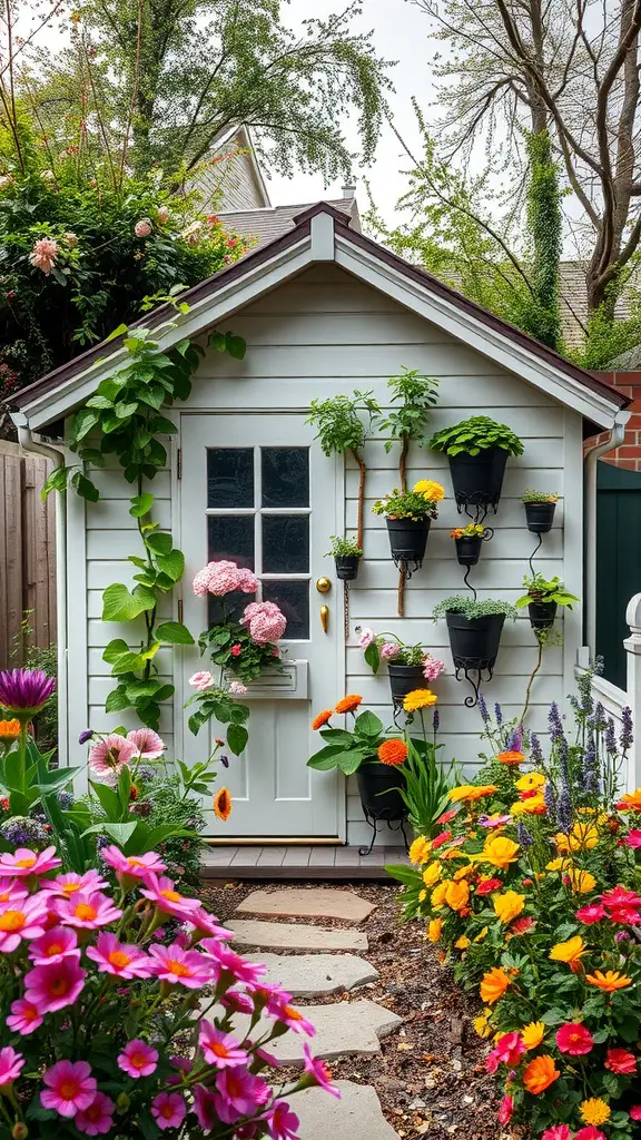23 Stunning Garden Shed Exterior Ideas to Transform Your Backyard 10 Charming garden shed with vertical gardens featuring colorful flowers in pots and vibrant blooms surrounding it