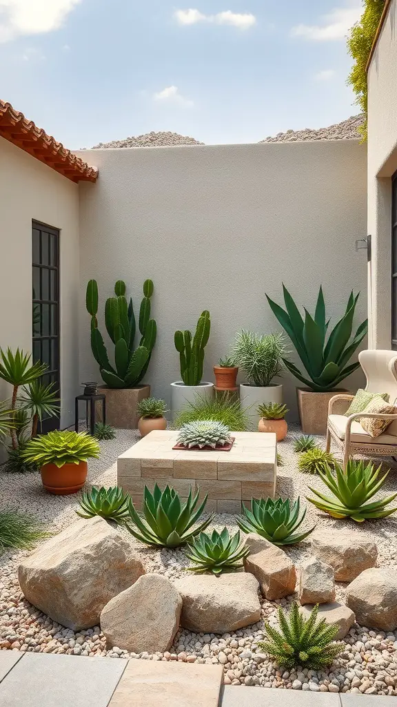 A beautifully arranged outdoor living space featuring various succulents, stone table, and greenery.