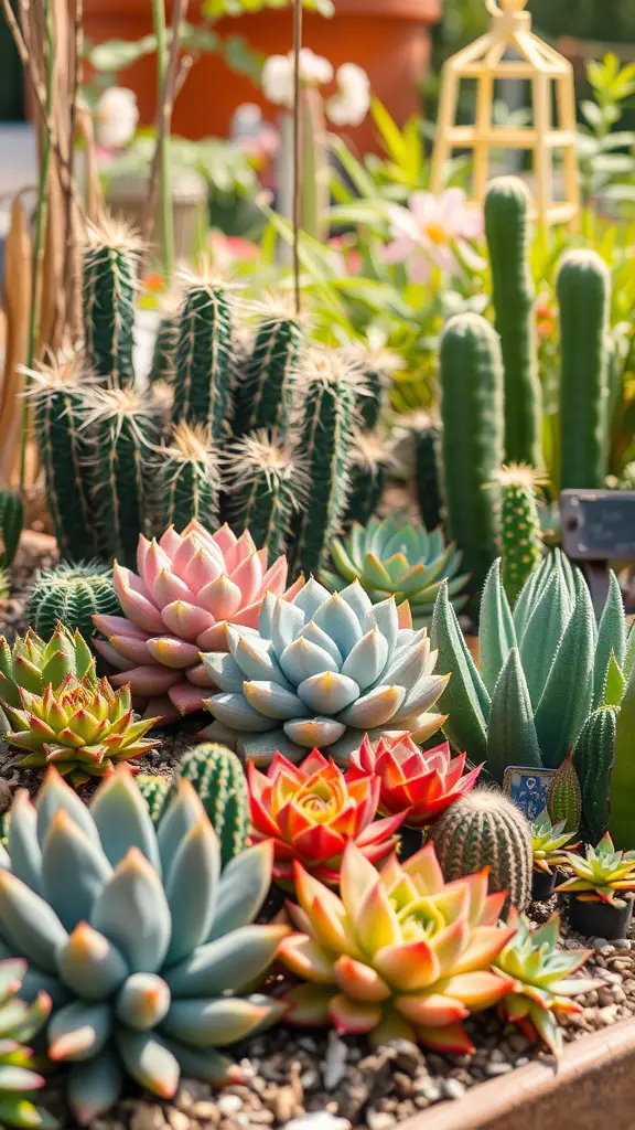 A collection of colorful succulents and cacti arranged in a garden setting.