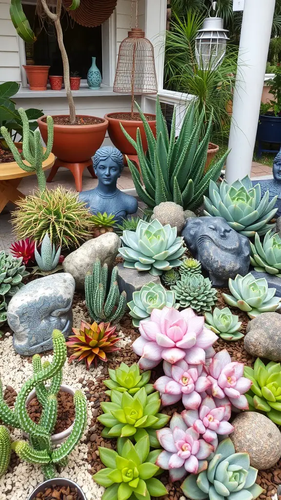 A vibrant arrangement of various succulents with decorative stones and sculptures.