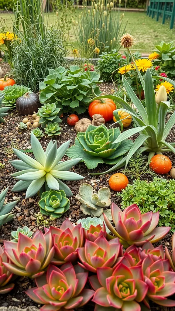 A vibrant garden featuring succulents, colorful pumpkins, and various vegetables.