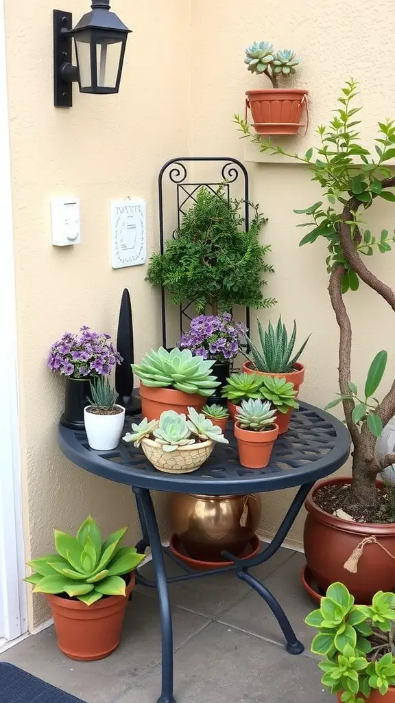 25 Creative Small Patio Ideas for Your Outdoor Space 12 A small patio table displaying various succulents and plants in decorative pots