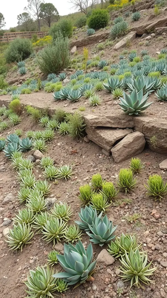 A slope covered with various succulent plants, showcasing different shades of green and unique shapes.