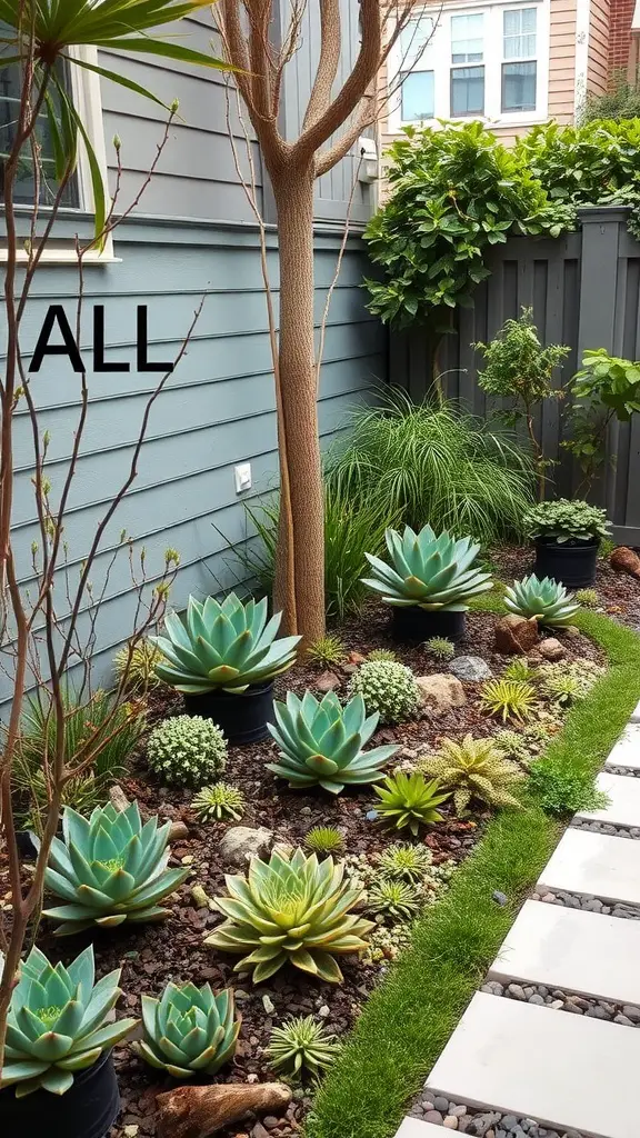 A small yard featuring a variety of succulents arranged in planters along a stone path, with green grass and a tree.