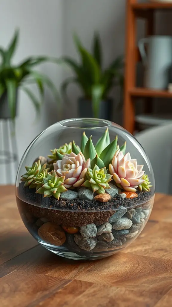 A round glass terrarium containing various succulent plants, pebbles, and soil, placed on a wooden table.