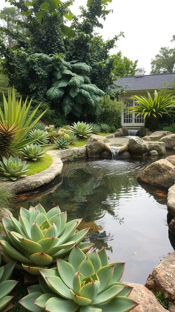 A serene landscape featuring a water feature surrounded by various succulent plants.