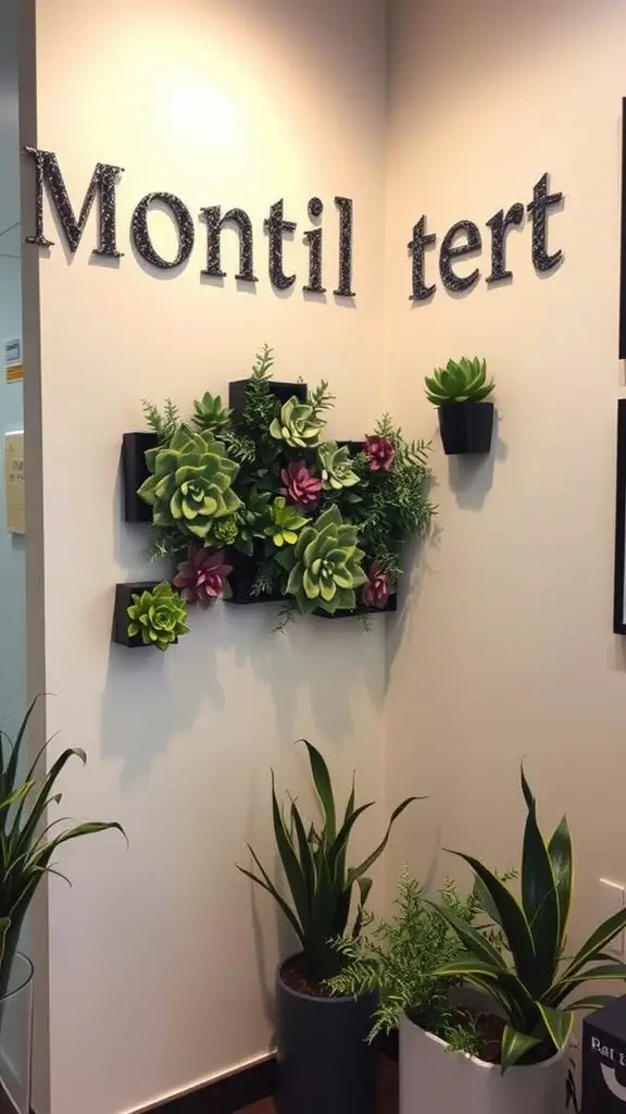 27 Creative Corner Landscaping Ideas for Your Garden 24 A wall display featuring various succulents in black planters, with the words 'Montil tert' above.