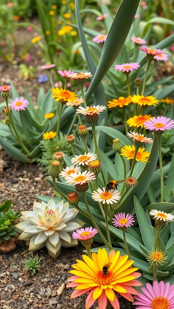 Colorful flowers and succulents in a pollinator garden with bees