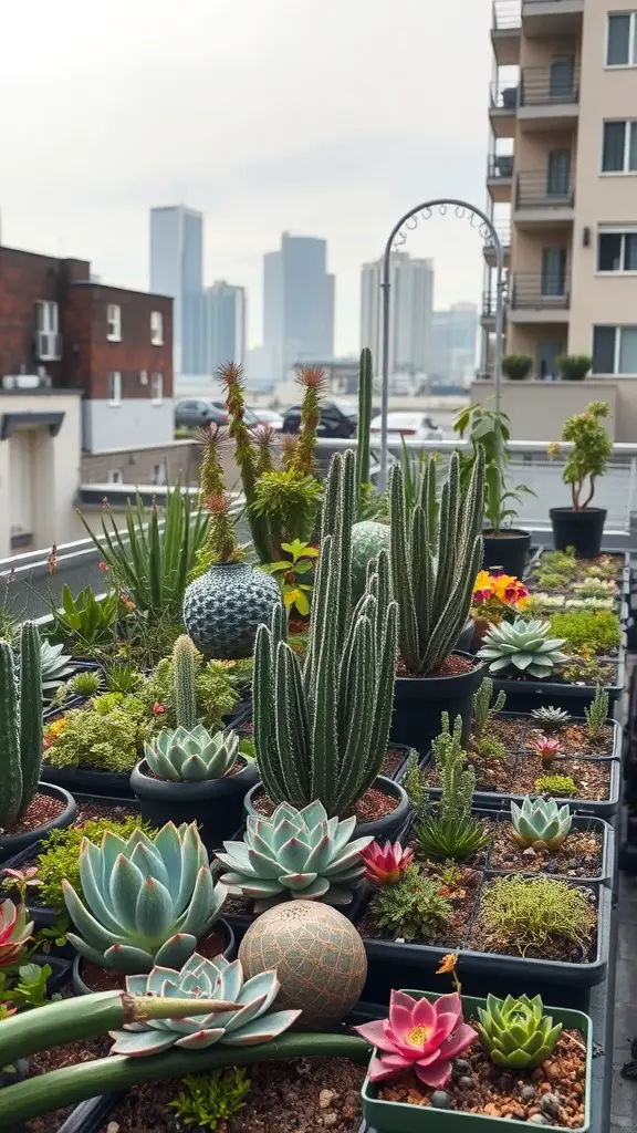 A rooftop garden filled with various succulents and cacti, set against a city skyline.