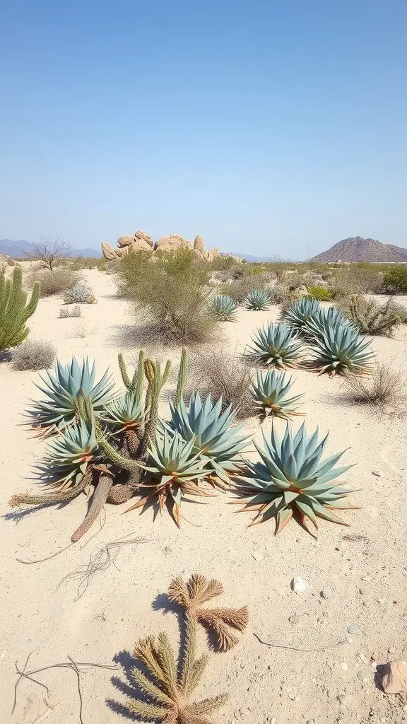 A desert landscape featuring various succulents and rocky formations under a clear blue sky.