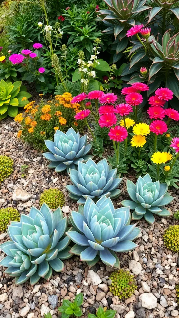 A colorful landscape featuring succulents alongside seasonal flowers in a garden setting.