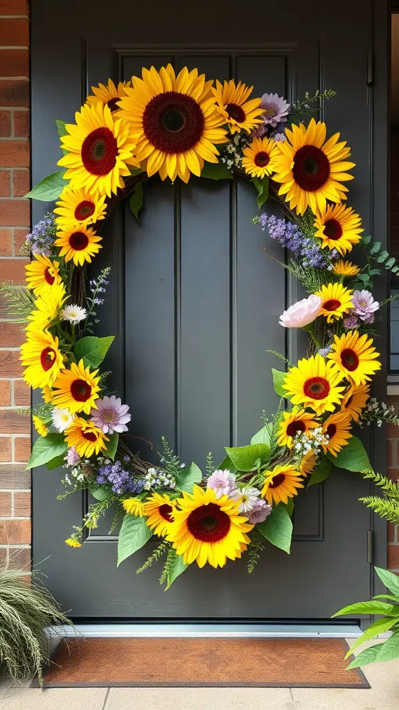 A vibrant sunflower and wildflower wreath hanging on a dark front door.