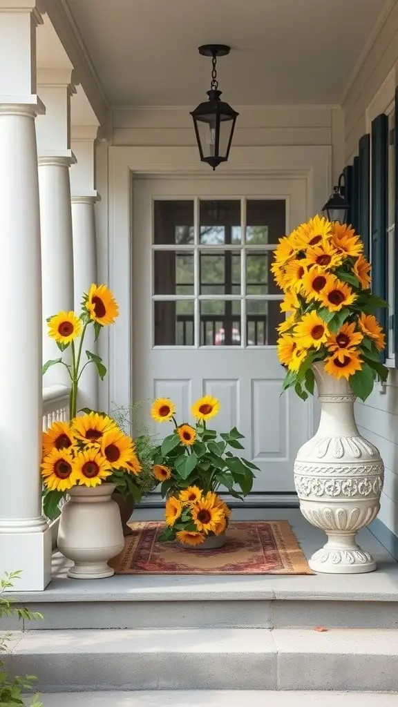 27 Cozy Front Porch Ideas for a Welcoming Home 24 A front porch featuring vibrant sunflower arrangements in various pots