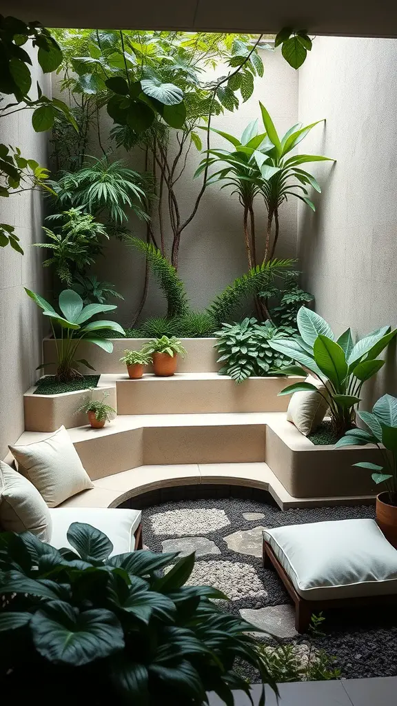 27 Absolutely Stunning Secret Garden Ideas to Inspire Your Space 12 A serene sunken garden with plants, seating, and a tranquil atmosphere.