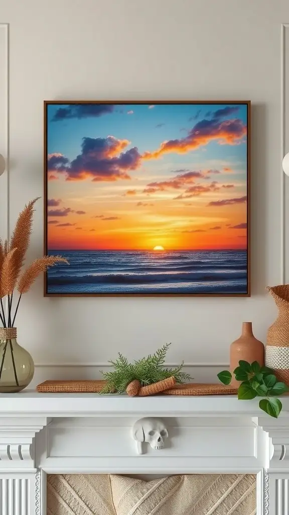 A warm sunset painting above a white mantel decorated with plants and vases.