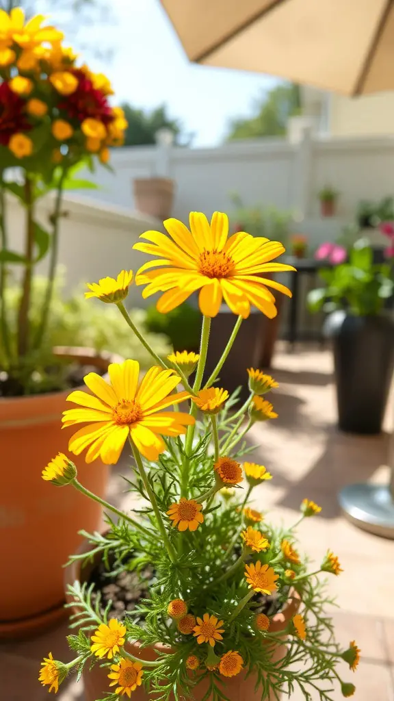 27 Stunning Potted Flowers Perfect for Your Patio 16 Bright yellow coreopsis flowers in a pot on a sunny patio