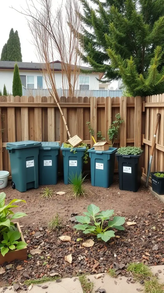 A sustainable composting station with green bins and plants in a backyard setting.