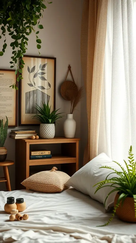 A cozy bedroom with plants, natural materials, and warm colors