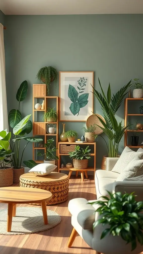 A cozy nature-inspired living room filled with plants and natural materials against a green wall.