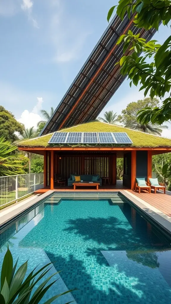 A sustainable pool pavilion with solar panels and a green roof surrounded by greenery.