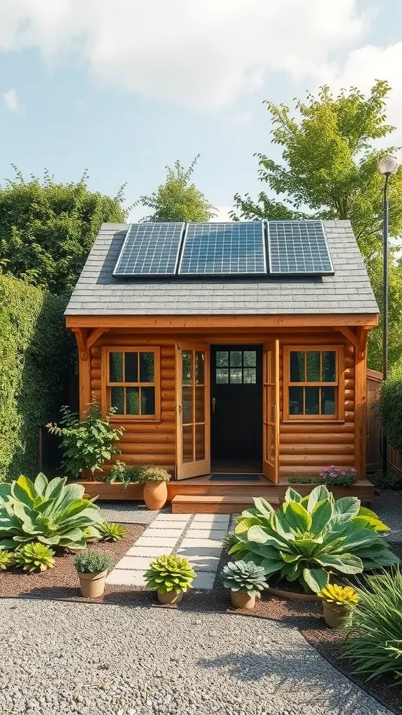 29 Creative Garden Shed Ideas for Every Backyard 13 A sustainable eco shed with solar panels, surrounded by greenery and potted plants.