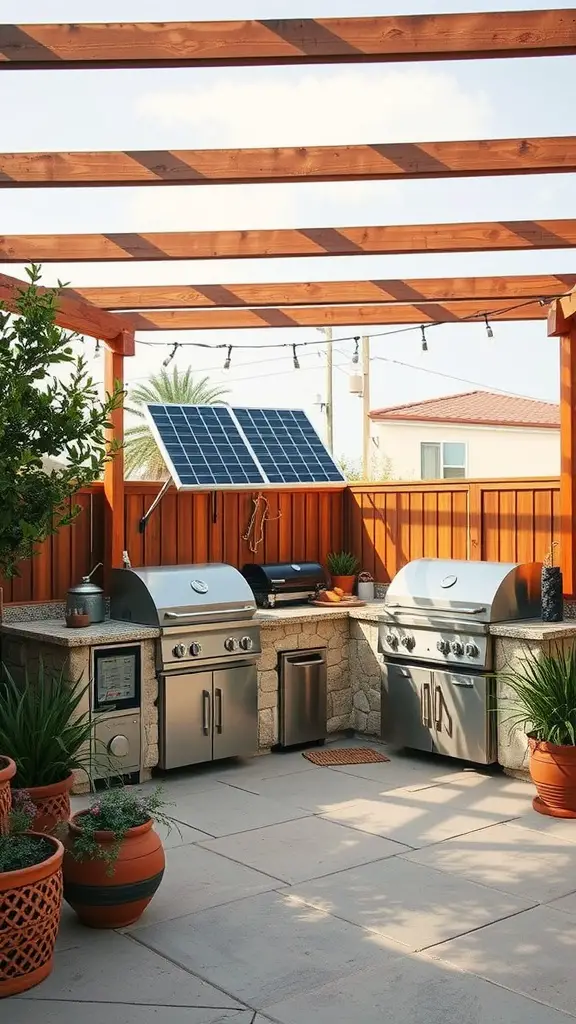 35 Creative Backyard Kitchen Ideas for Outdoor Cooking Enthusiasts 14 A stylish backyard kitchen featuring solar panels and modern appliances, surrounded by plants.