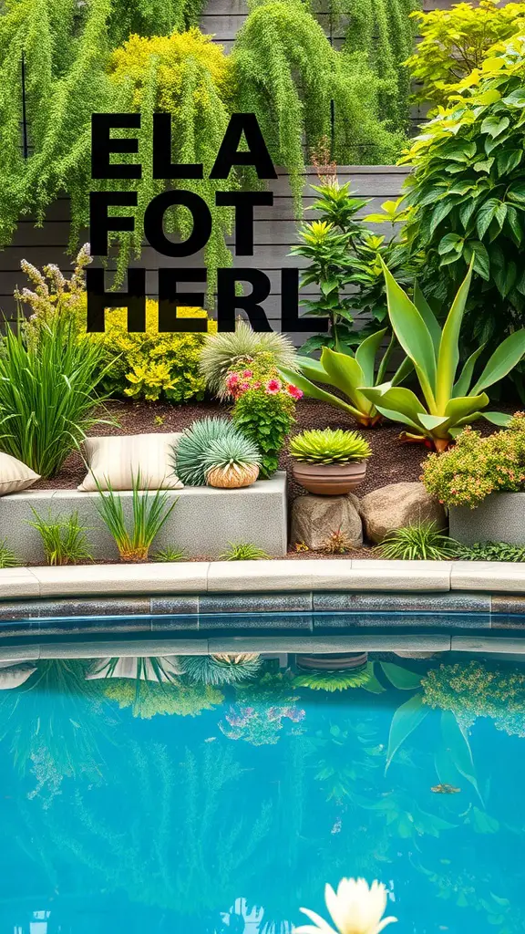 33 Creative Backyard Pool and Patio Ideas for Your Dream Outdoor Space 17 A backyard pool surrounded by lush greenery and colorful plants.