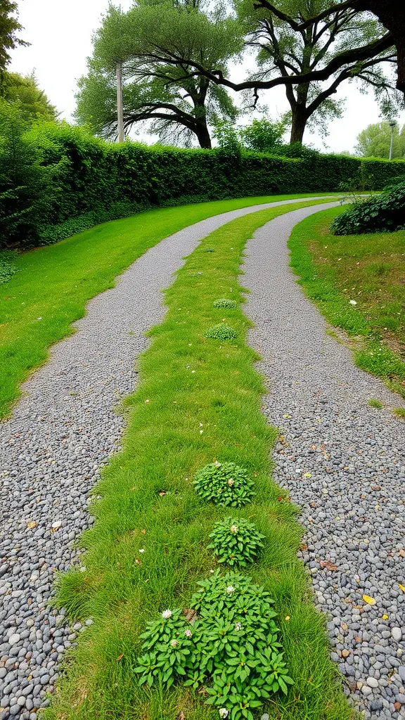 19 Creative Driveway Ideas to Enhance Your Curb Appeal 12 A sustainable driveway design featuring grass and gravel with plants along the path.