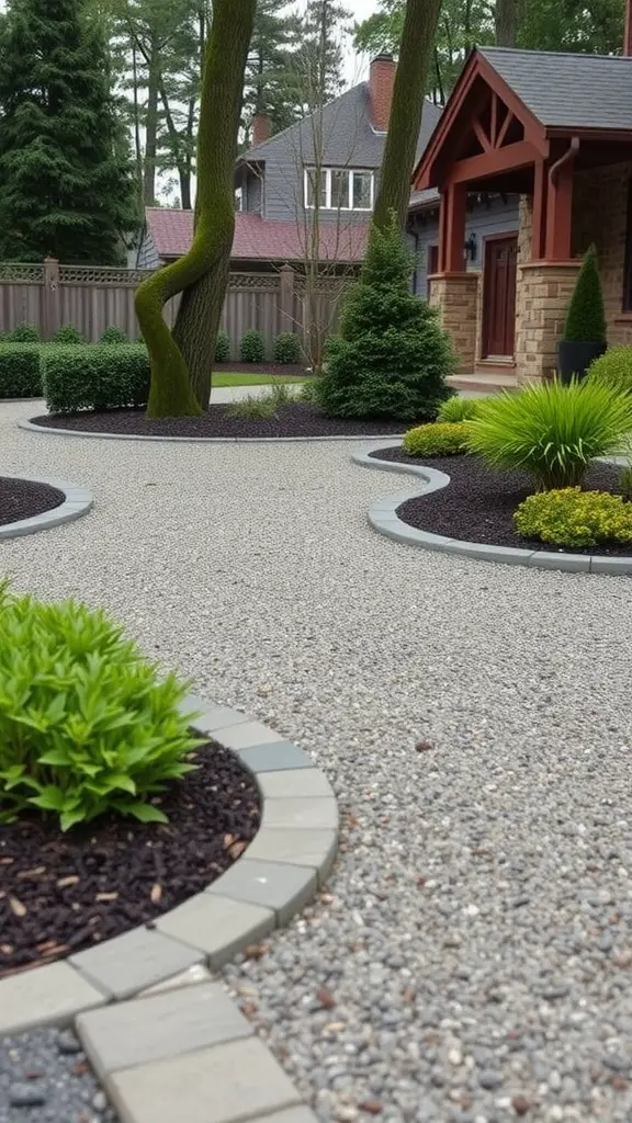 Driveway landscaping with sustainable mulched areas and gravel paths