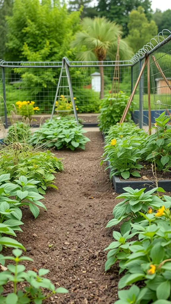 A sustainable garden with neat plant beds and a pathway surrounded by greenery.