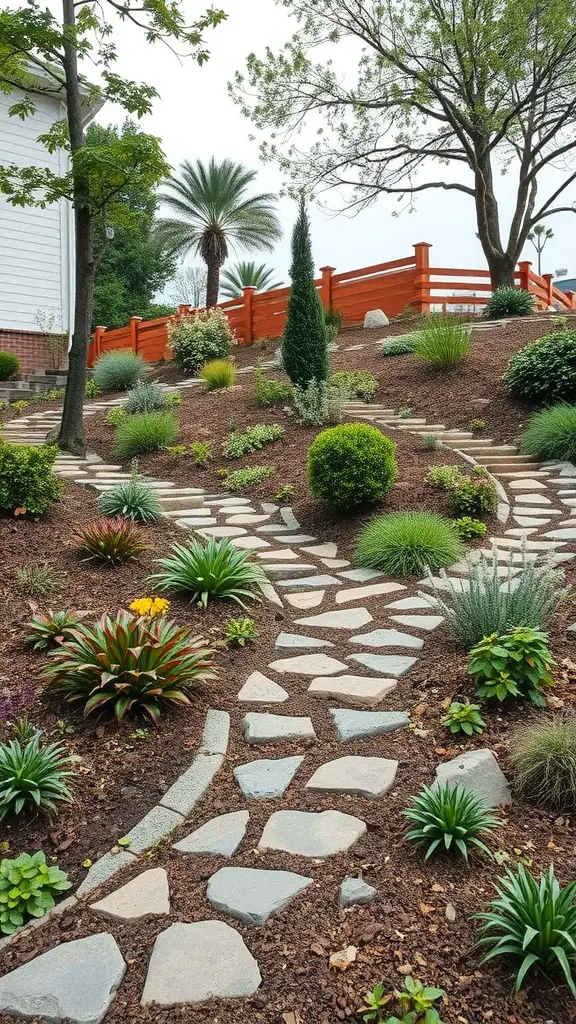 A landscaped sloped backyard featuring stone pathways and various plants.