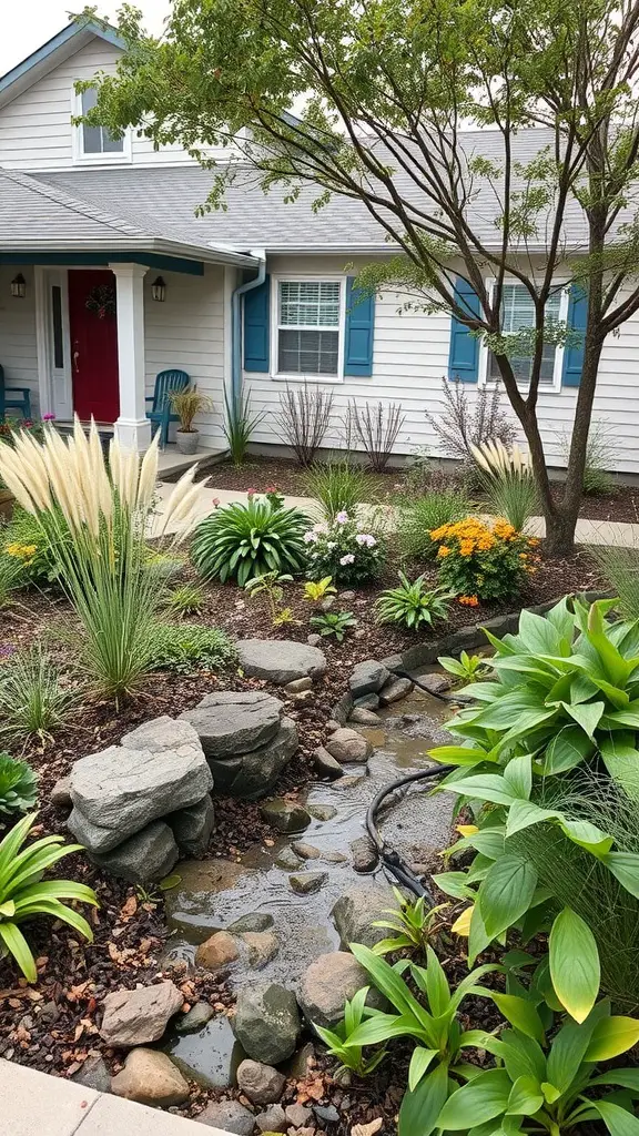 27 Stunning Front Garden Ideas to Transform Your Curb Appeal 19 A front garden featuring a sustainable rain garden with rocks and various plants.