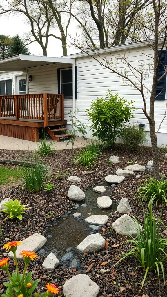 A beautiful rain garden with stepping stones, flowers, and a small stream in front of a mobile home.