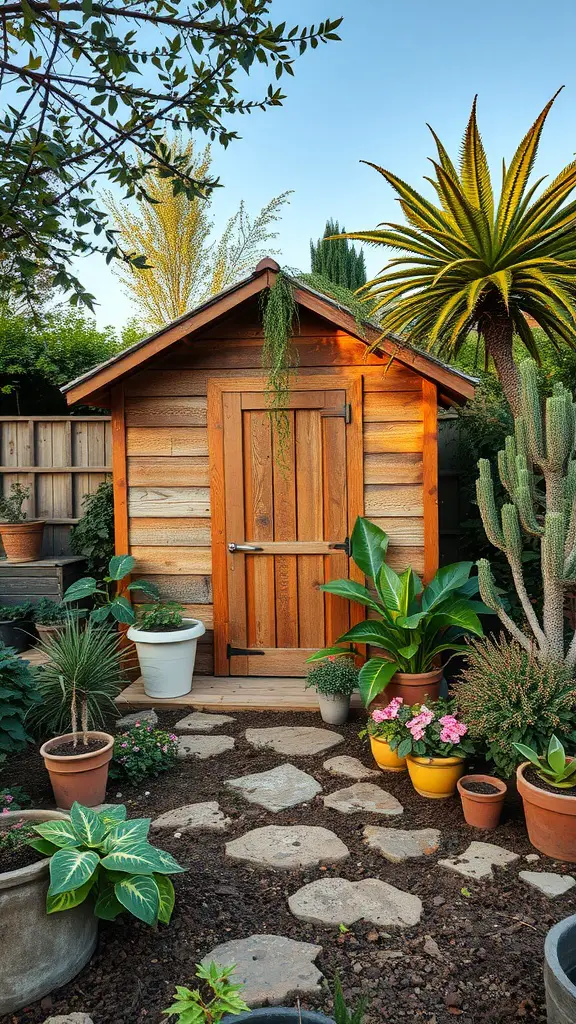 25 Creative Garden Shed Ideas for Your Outdoor Space 15 A charming garden shed made from recycled materials, surrounded by vibrant plants and a stone pathway.