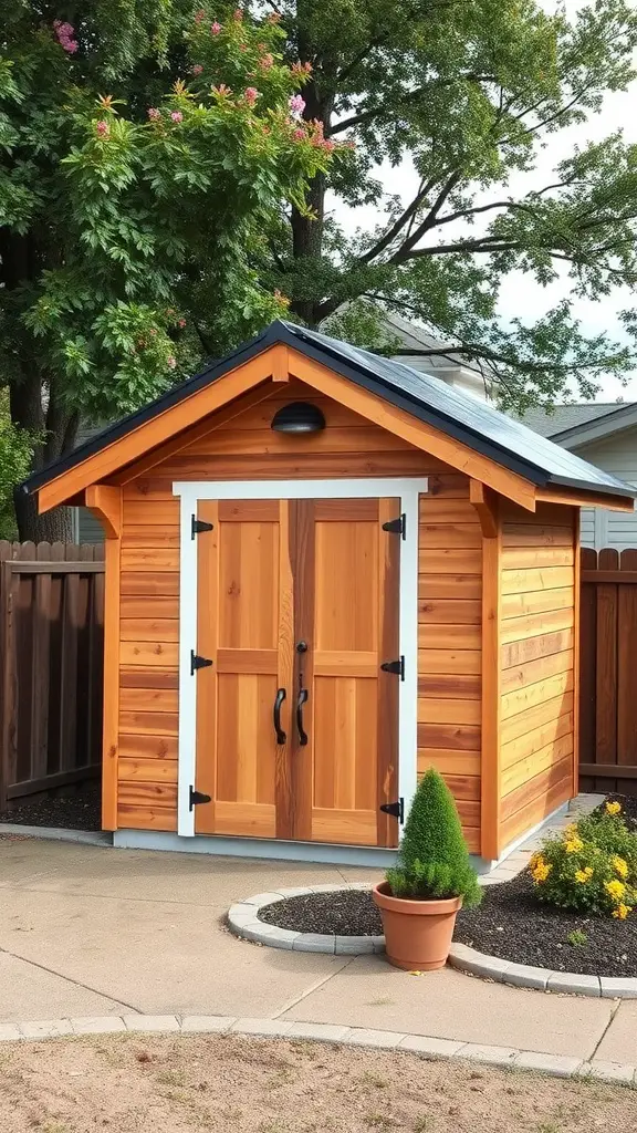 37 Creative Backyard Shed Ideas for Every Style 16 A charming wooden shed with a sloped roof, surrounded by greenery and flowers.
