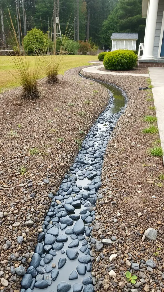 A landscaped swale with smooth stones and gravel, designed to direct water flow in a yard.