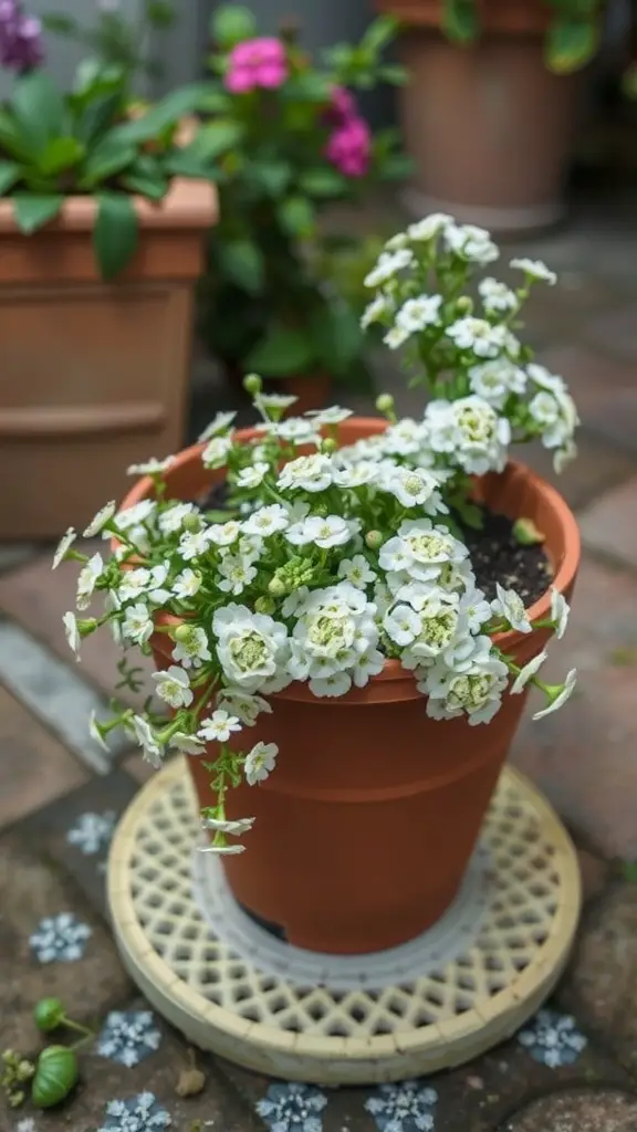 27 Stunning Potted Flowers Perfect for Your Patio 15 A pot of Sweet Alyssum flowers with white blooms, placed on a decorative saucer, surrounded by other potted plants.