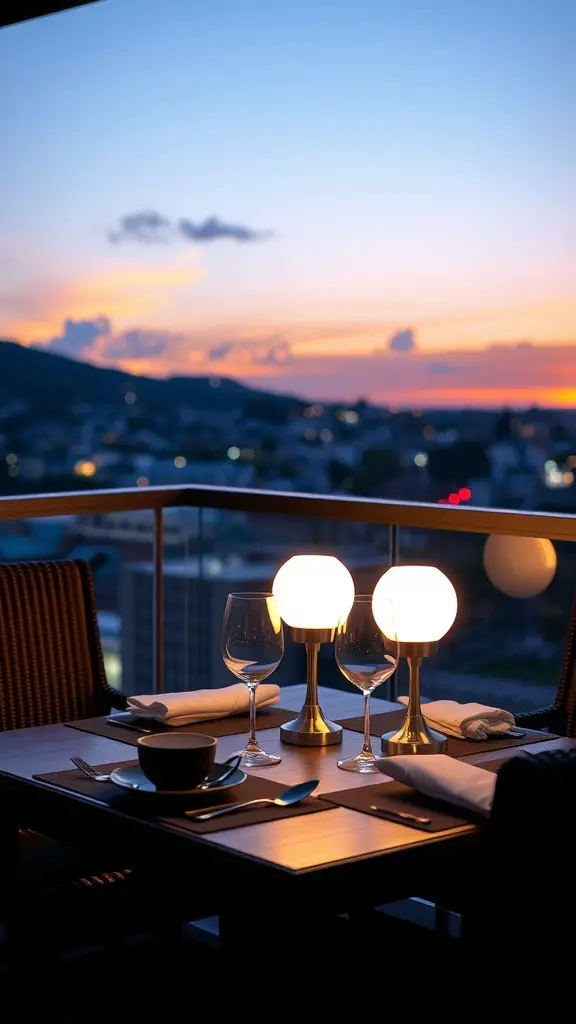 A cozy balcony setting with two glowing LED lamps on a table with dinnerware and a beautiful sunset view.