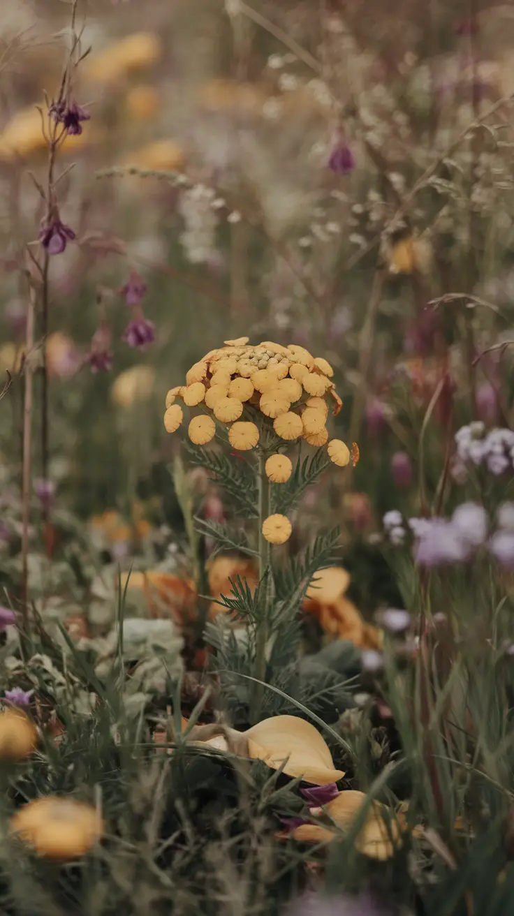 15 Effective Plants That Naturally Repel Mosquitoes 12 A vibrant tansy plant with yellow flowers standing amidst other wildflowers