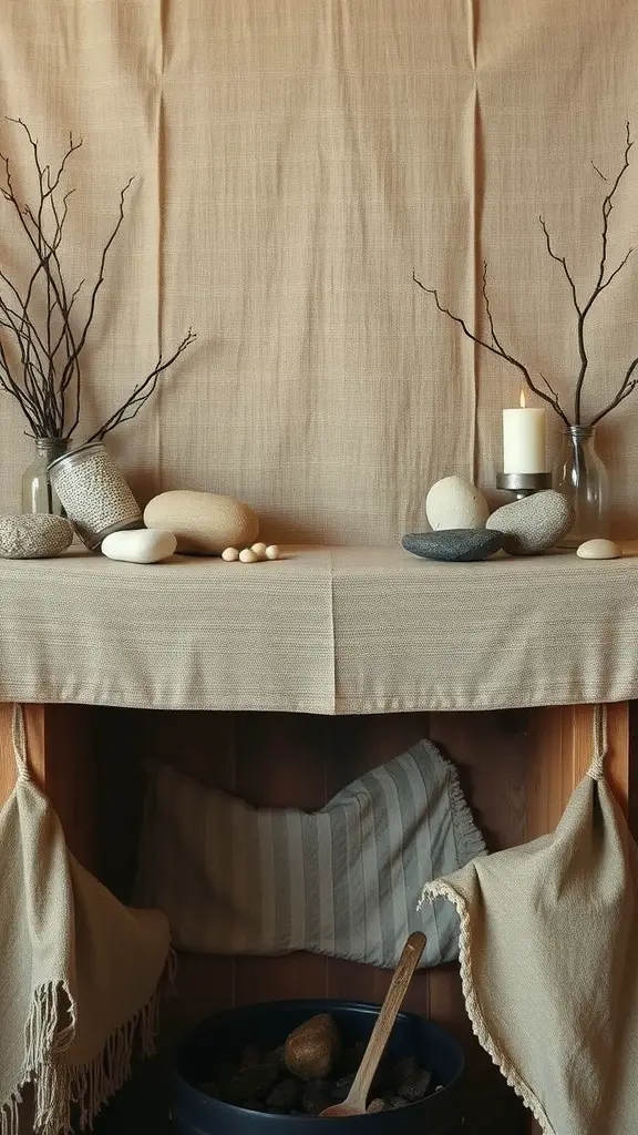 A mantel decorated with tea-stained fabric, natural stones, and branches, creating a cozy Easter atmosphere.