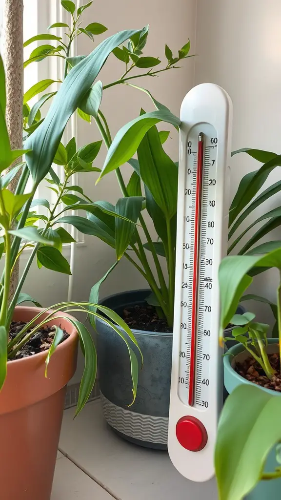27 Stunning Indoor Plants to Brighten Your Space 13 A thermometer beside potted plants, indicating temperature control for indoor gardening.