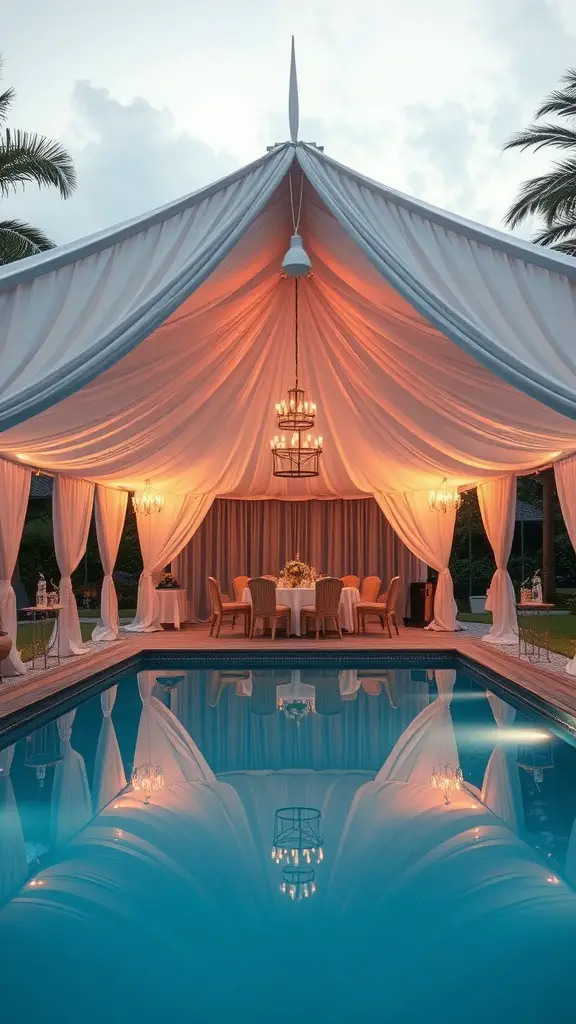 A beautifully lit tented canopy pavilion by the pool, with elegant decor and reflections in the water.