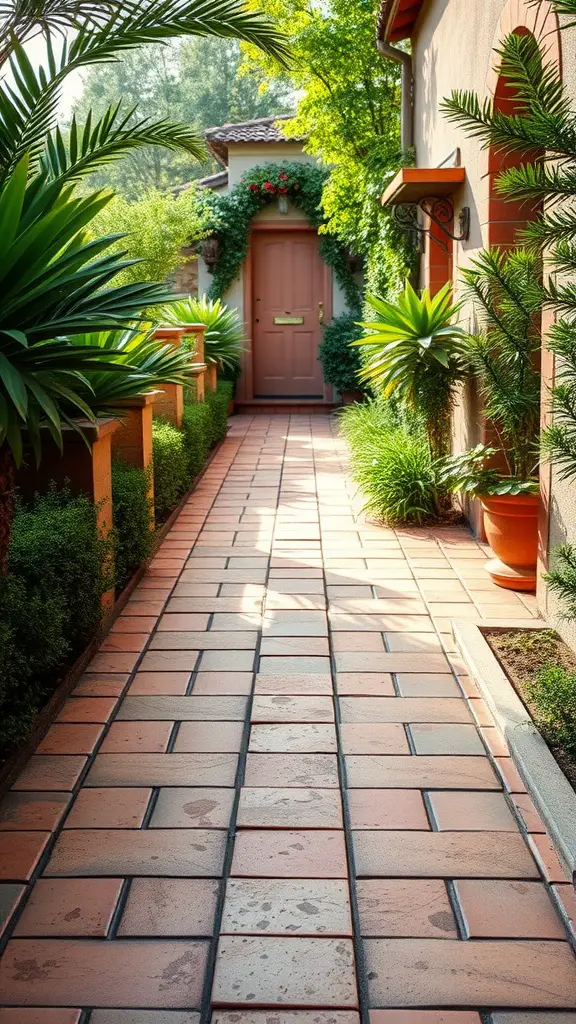 31 Creative Garden Walkway Ideas for Your Outdoor Space 24 A charming garden walkway made of terracotta tiles, surrounded by lush plants leading to a door.
