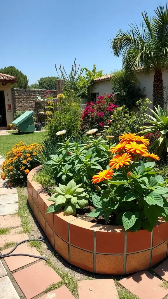 A flowerbed with terracotta tiles as edging, featuring vibrant orange flowers and a sunny garden setting.