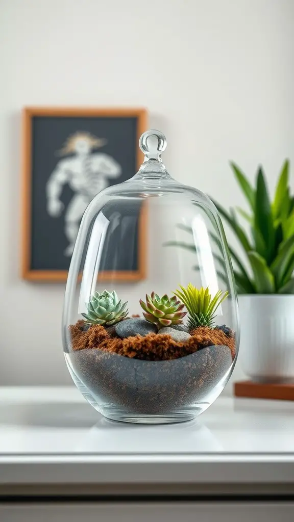 A glass terrarium with colorful succulents, placed on a dresser.